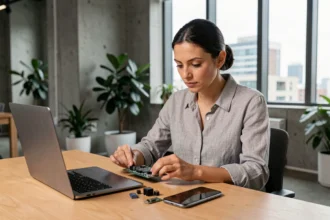 Femme ingénieure examinant une carte électronique dans un bureau moderne, symbolisant les meilleures inventions technologiques