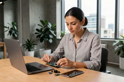 Femme ingénieure examinant une carte électronique dans un bureau moderne, symbolisant les meilleures inventions technologiques