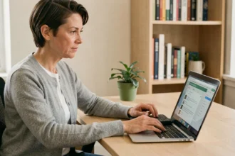 Femme utilisant un lecteur d'écran et un afficheur braille pour naviguer sur un ordinateur portable, illustrant l'accessibilité numérique