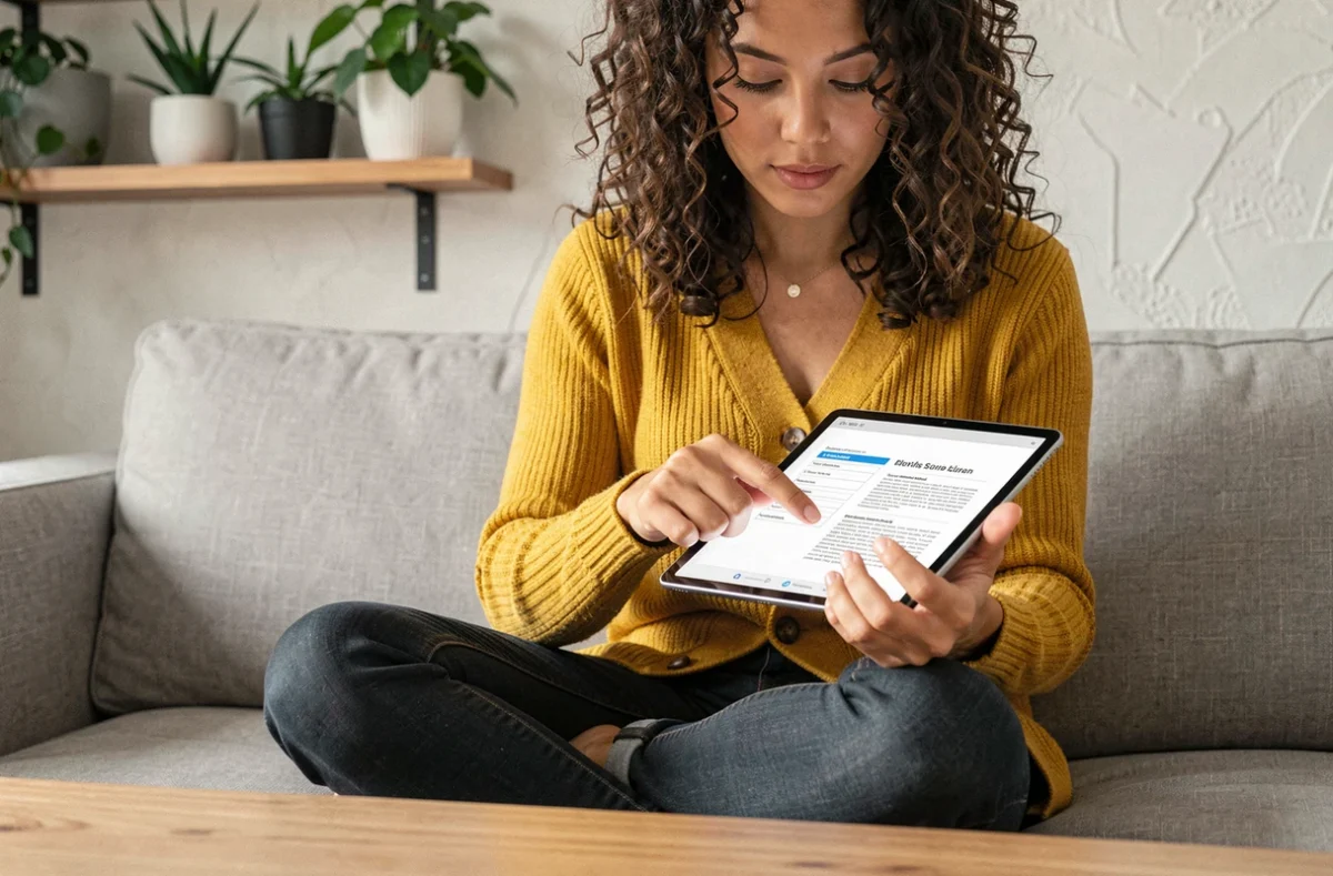 Jeune femme lisant un document PDF accessible sur une tablette numérique dans un salon contemporain