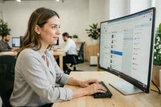 Femme professionnelle utilisant un logiciel de messagerie sur PC dans un bureau moderne