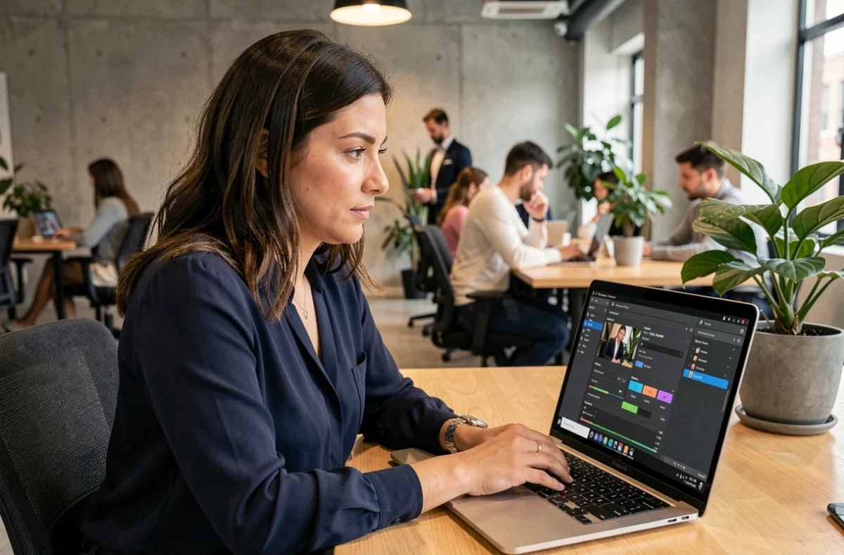Femme évaluant un logiciel de conversion multimédia gratuit sur son ordinateur portable dans un espace de coworking