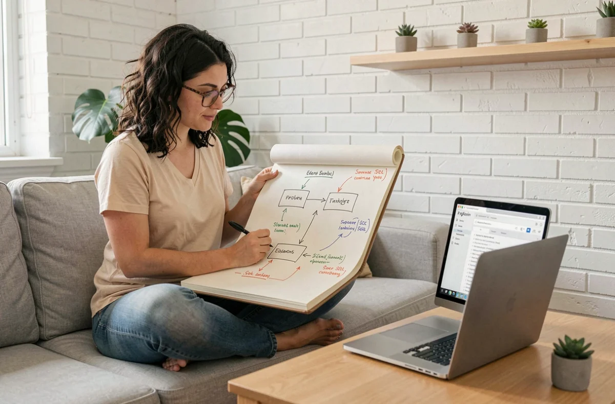 Femme développeuse dessinant à la main un modèle de base de données relationnelle dans un carnet dans un espace de travail à domicile