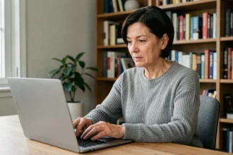 Femme utilisant un ordinateur portable pour naviguer sur Internet dans un bureau à domicile moderne