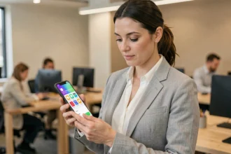 Femme utilisant une plateforme de paiement en ligne sur smartphone dans un bureau moderne