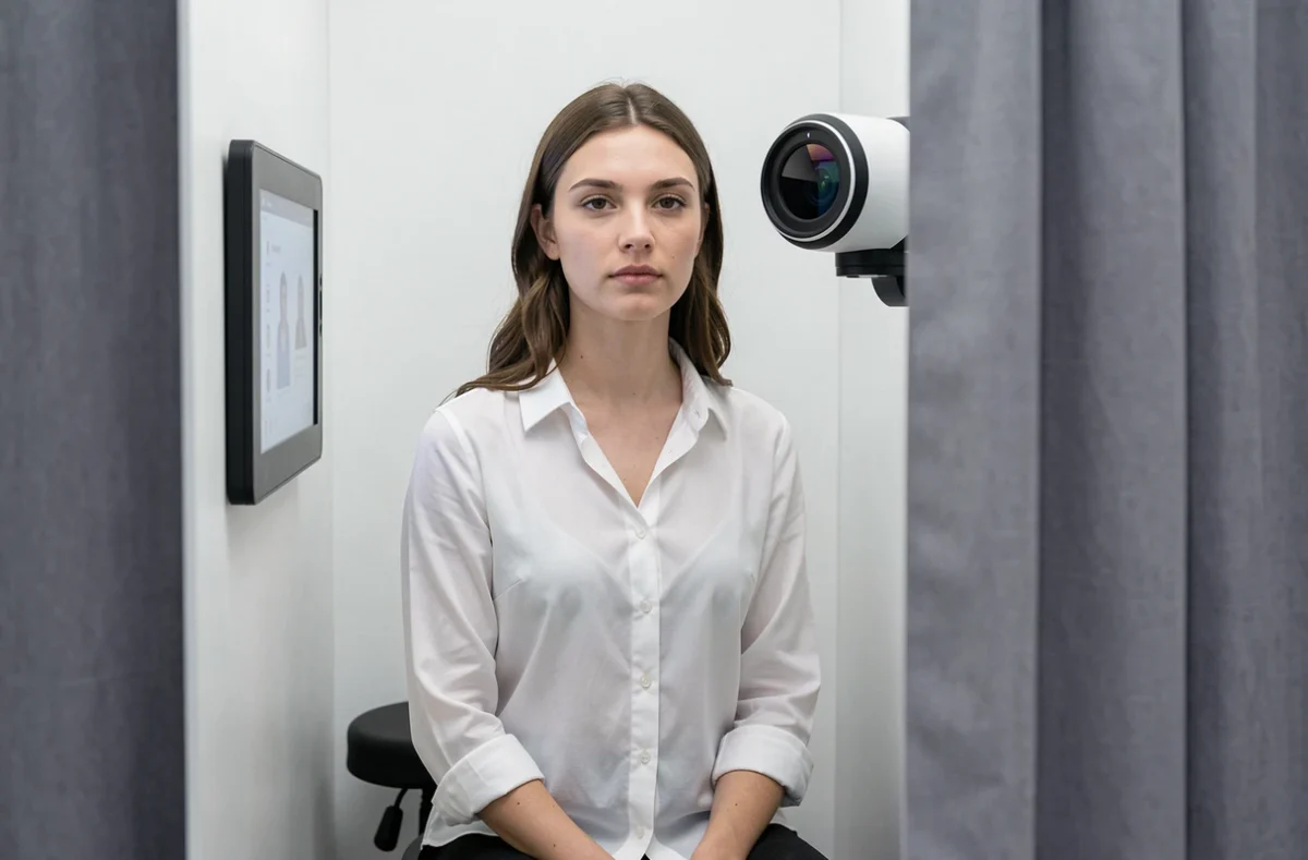 Femme assise dans un photomaton moderne face à la caméra intégrée lors d'une prise de photo d'identité