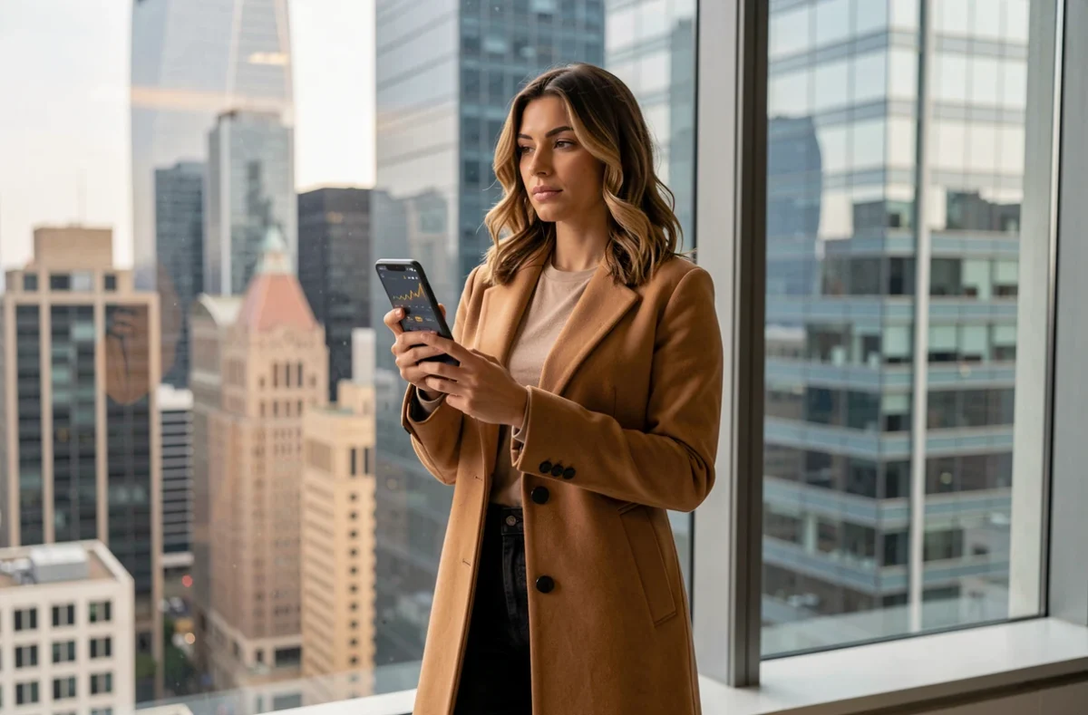Femme professionnelle utilisant une application de cryptomonnaie sur smartphone devant un panorama urbain