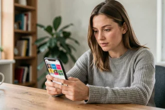 Femme consultant des publicités ciblées sur son smartphone dans un bureau à domicile moderne