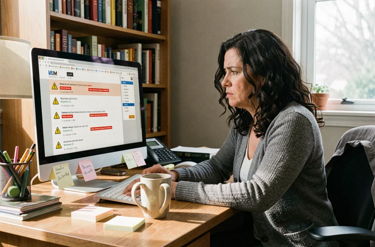 Femme travaillant depuis chez elle face à une boîte mail envahie de spams et emails de phishing