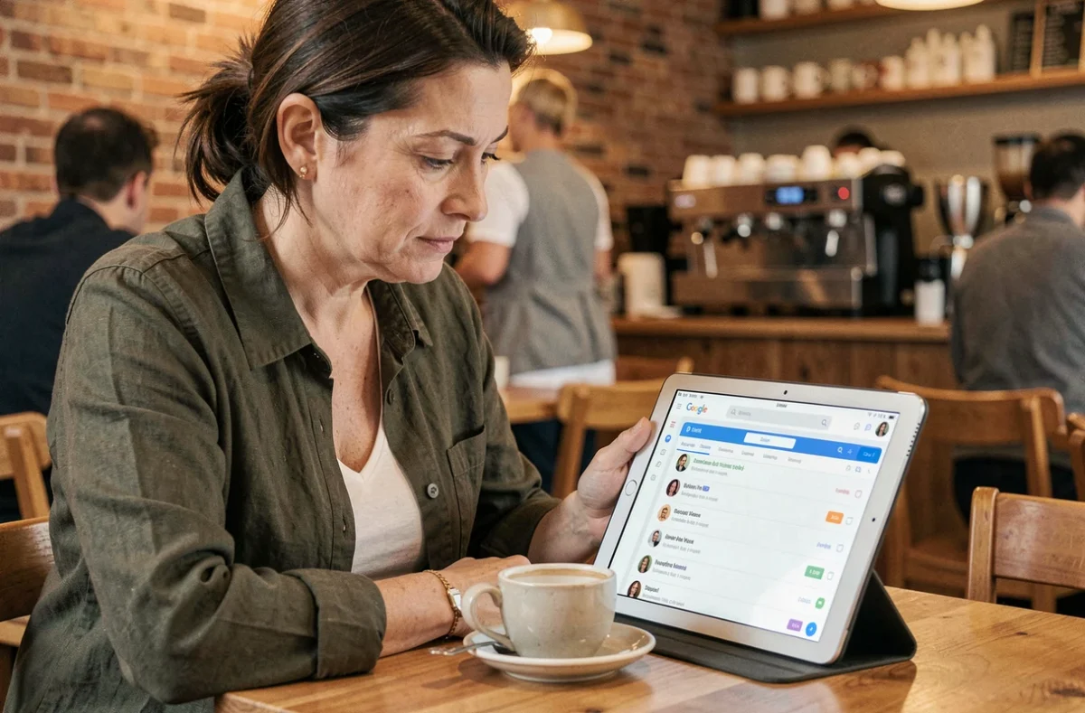 Femme vérifiant qui a consulté ses fichiers Google Drive depuis une tablette dans un café