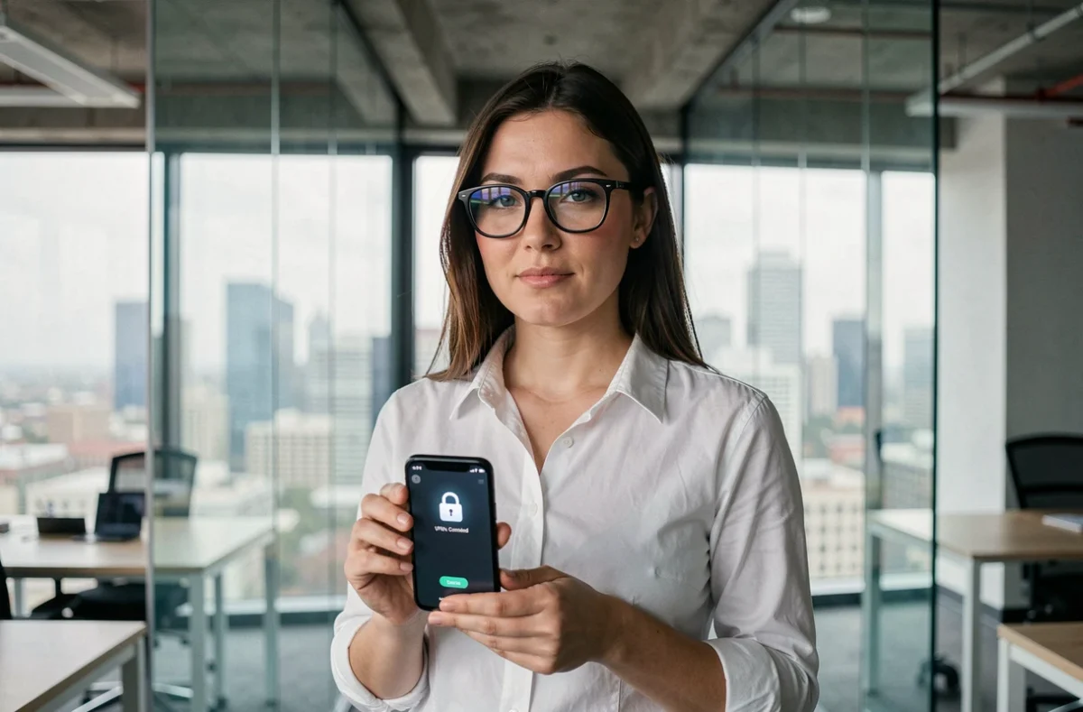 Femme en bureau connectée à un VPN sur smartphone avec vue urbaine en arrière-plan