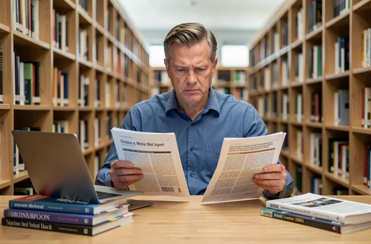 Homme comparant une source en ligne et un article académique imprimé dans une bibliothèque, symbolisant la fiabilité de l'information sur Internet