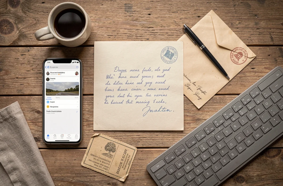 Vue aérienne d'une table avec smartphone affichant un email, une lettre manuscrite et une enveloppe timbrée illustrant la différence entre email et courrier