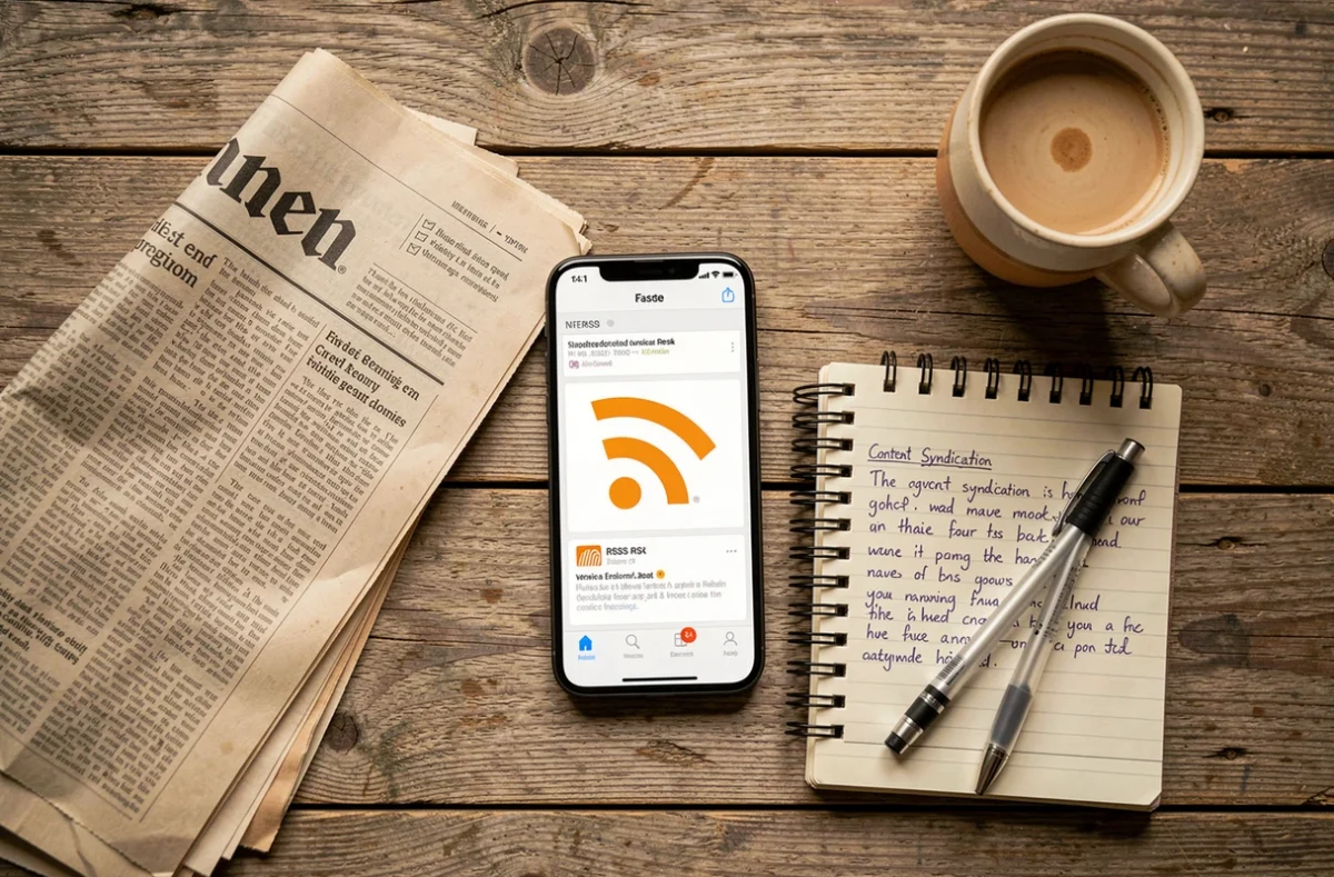 Mise en scène flat-lay d'un smartphone affichant un flux RSS à côté d'un journal et d'un carnet de notes sur un bureau en bois