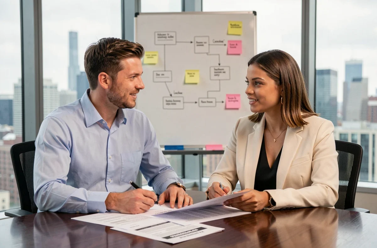 Deux jeunes professionnels en formation revenant sur un rapport d'audit informatique en salle de réunion avec vue sur la ville