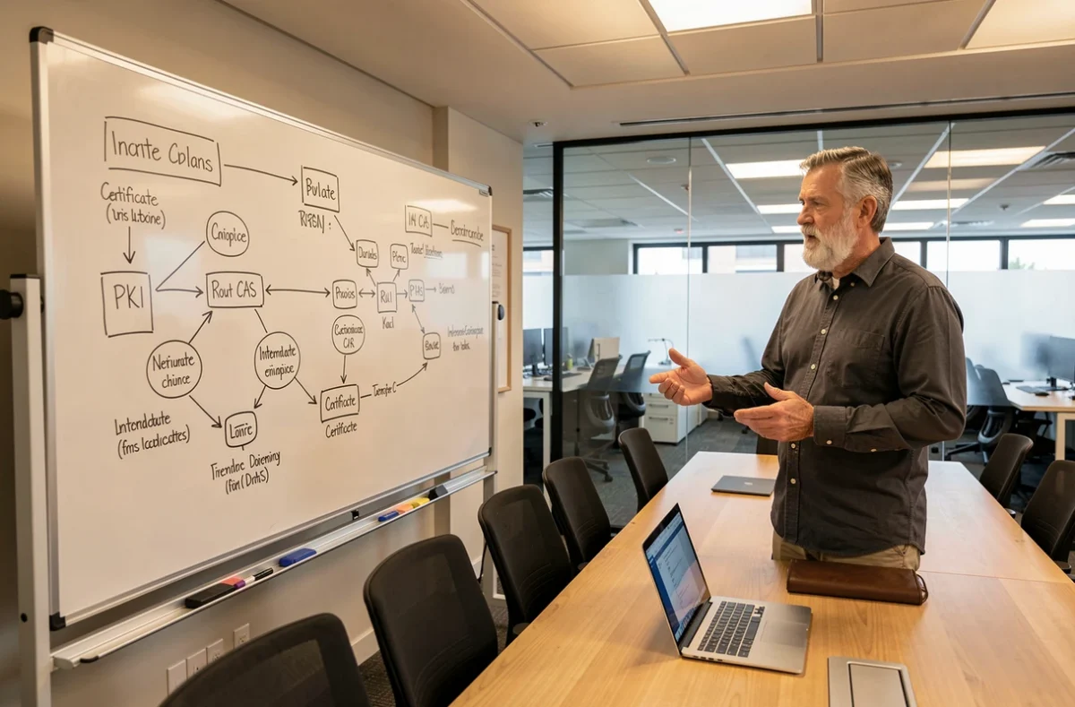 Formateur en sécurité informatique expliquant l'infrastructure PKI et les autorités de certification sur un tableau blanc