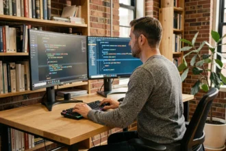 Développeur informatique gérant une base de données SQL sur deux écrans dans un bureau moderne
