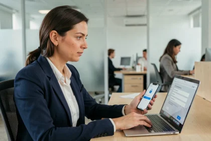 Femme professionnelle utilisant un gestionnaire de mots de passe sur smartphone et ordinateur portable au bureau