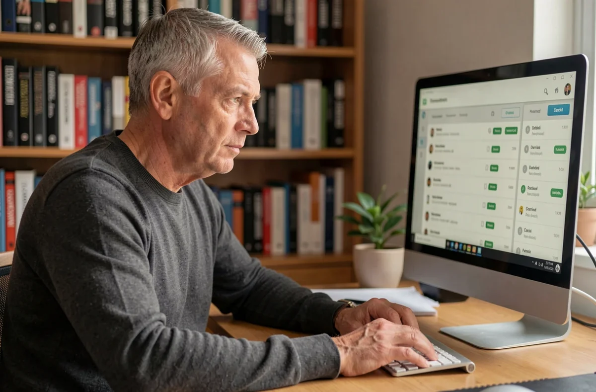Homme d'âge mûr consultant un tableau de bord de gestionnaire de mots de passe sur ordinateur de bureau à domicile