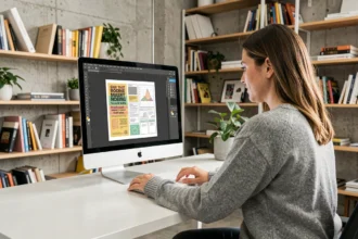 Graphiste utilisant Adobe InDesign sur un iMac pour créer un flyer dans un studio de design moderne