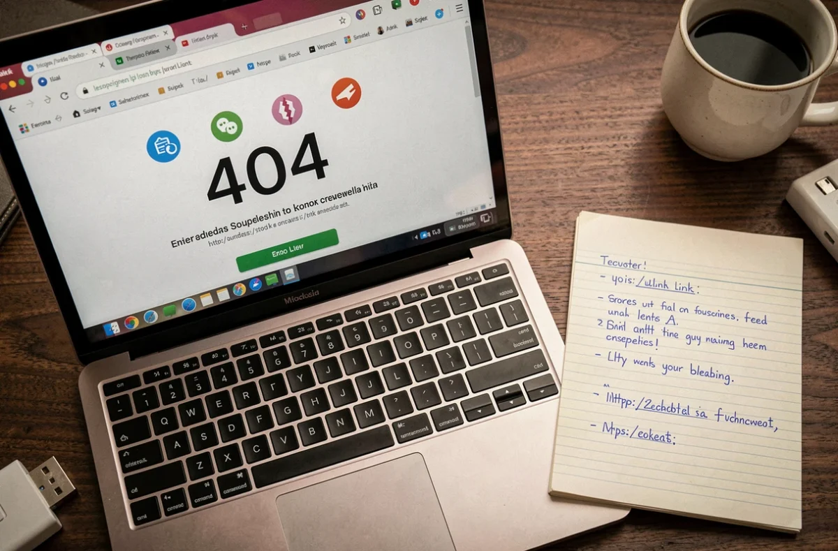Gros plan d'un écran affichant une erreur 404 avec des notes de dépannage manuscrites sur un bureau en bois