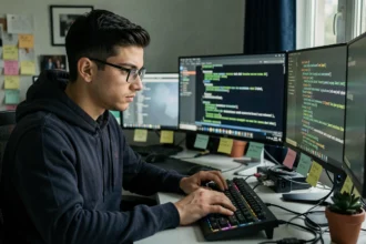 Jeune hacker concentré devant plusieurs écrans de code dans un bureau à domicile
