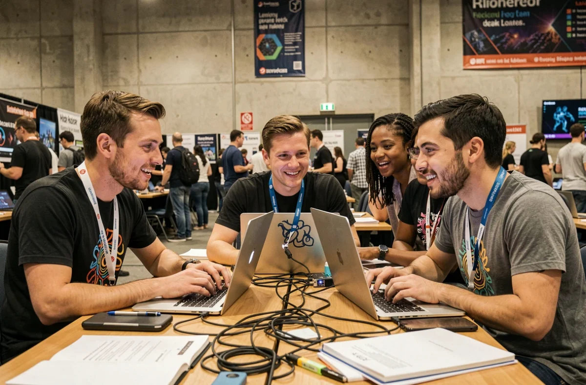 Groupe de hackers en discussion collaborative lors d'une convention technologique