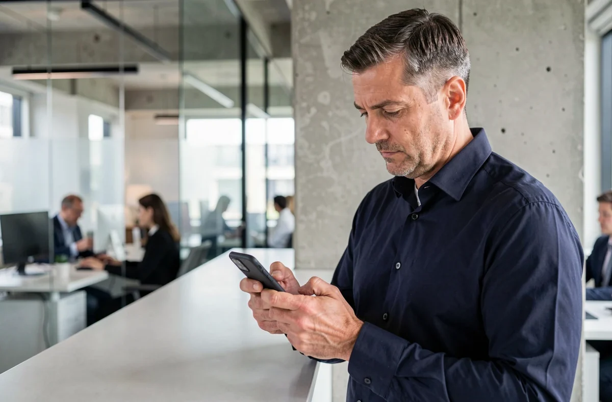 Homme d'affaires utilisant son smartphone pour envoyer des messages groupés dans un bureau moderne en open space