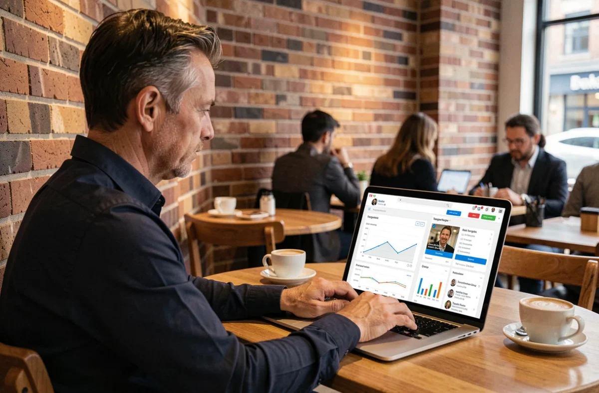 Homme professionnel analysant des données publicitaires ciblées sur un ordinateur portable dans un café urbain