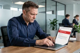 Homme en bureau regardant un email de phishing suspect sur son ordinateur portable