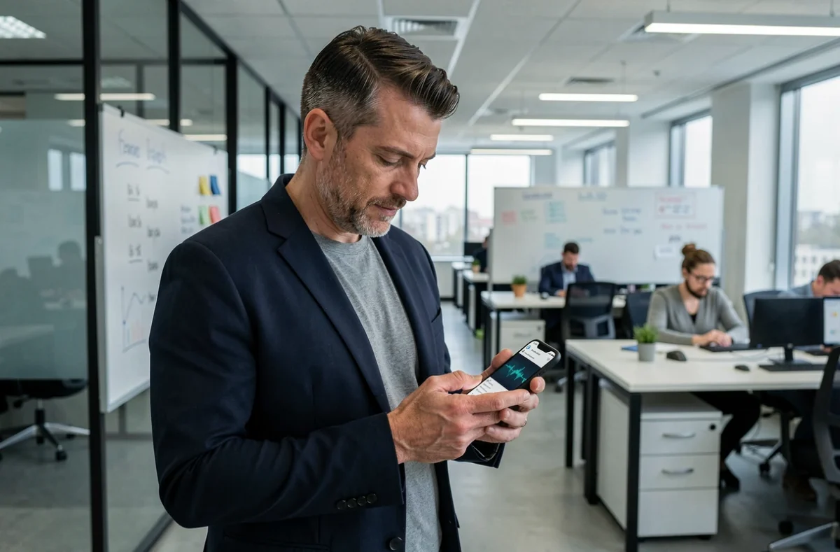 Homme en bureau moderne consultant l'application Blah Blah sur son téléphone