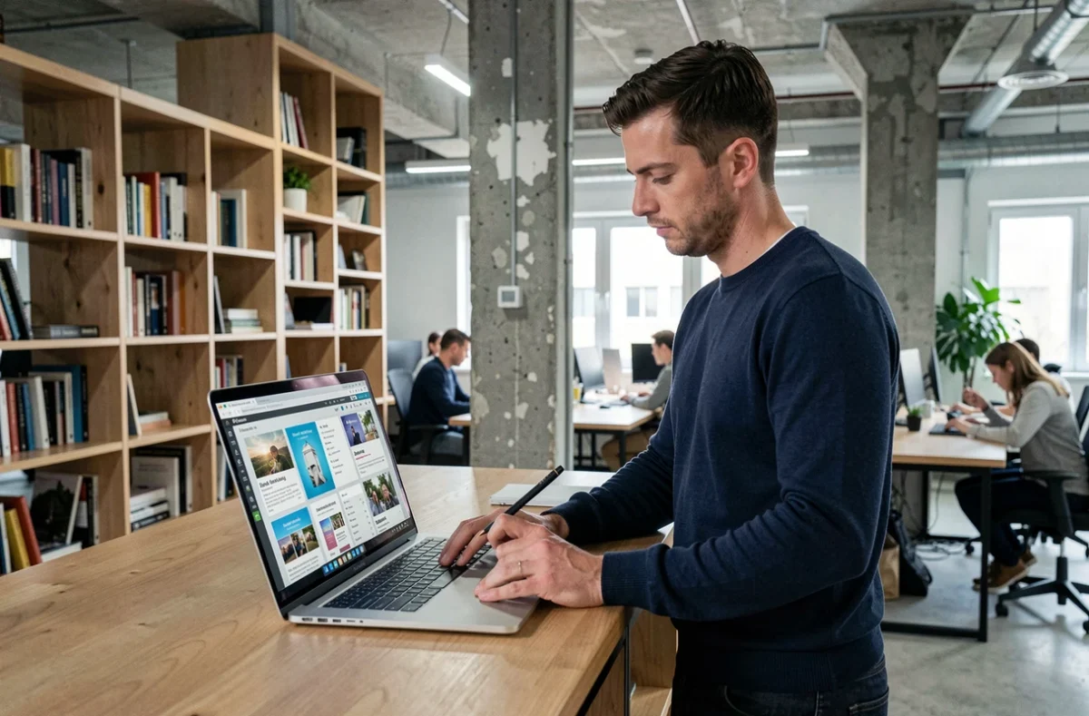 Homme comparant plusieurs applications de création d'affiches sur un ordinateur portable dans un espace de coworking