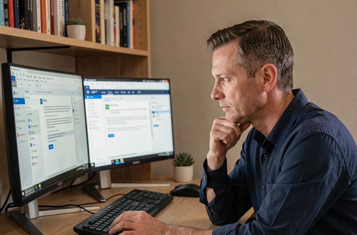 Homme comparant des logiciels de messagerie sur double écran dans un bureau à domicile