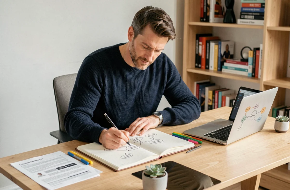 Homme dessinant à la main une experience map dans un carnet sur un bureau minimaliste en télétravail