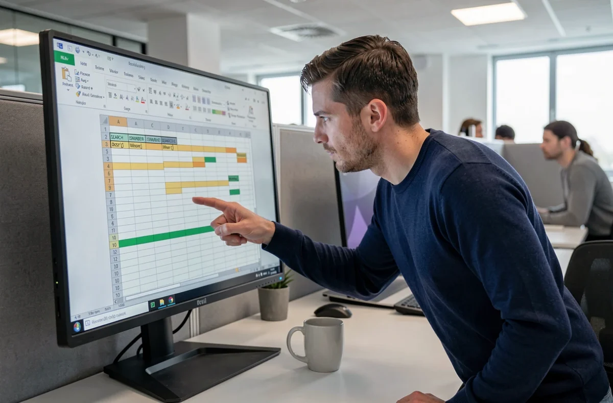 Homme pointant une formule SI contient sur un écran Excel dans un bureau professionnel moderne
