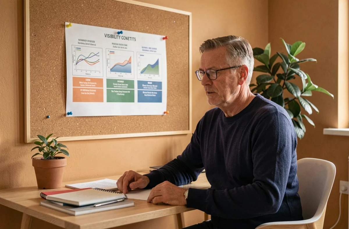 Homme en télétravail analysant un tableau d'infographies sur les trois types de visibilité