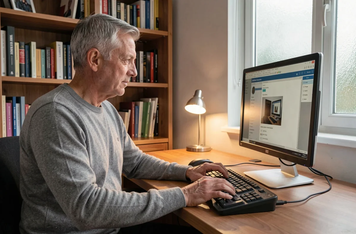 Homme utilisant un lecteur d'écran et un afficheur Braille pour lire un document PDF accessible depuis son bureau à domicile