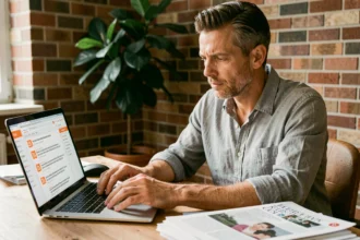 Homme consultant un lecteur de flux RSS sur un ordinateur portable dans un bureau à domicile avec mur en briques