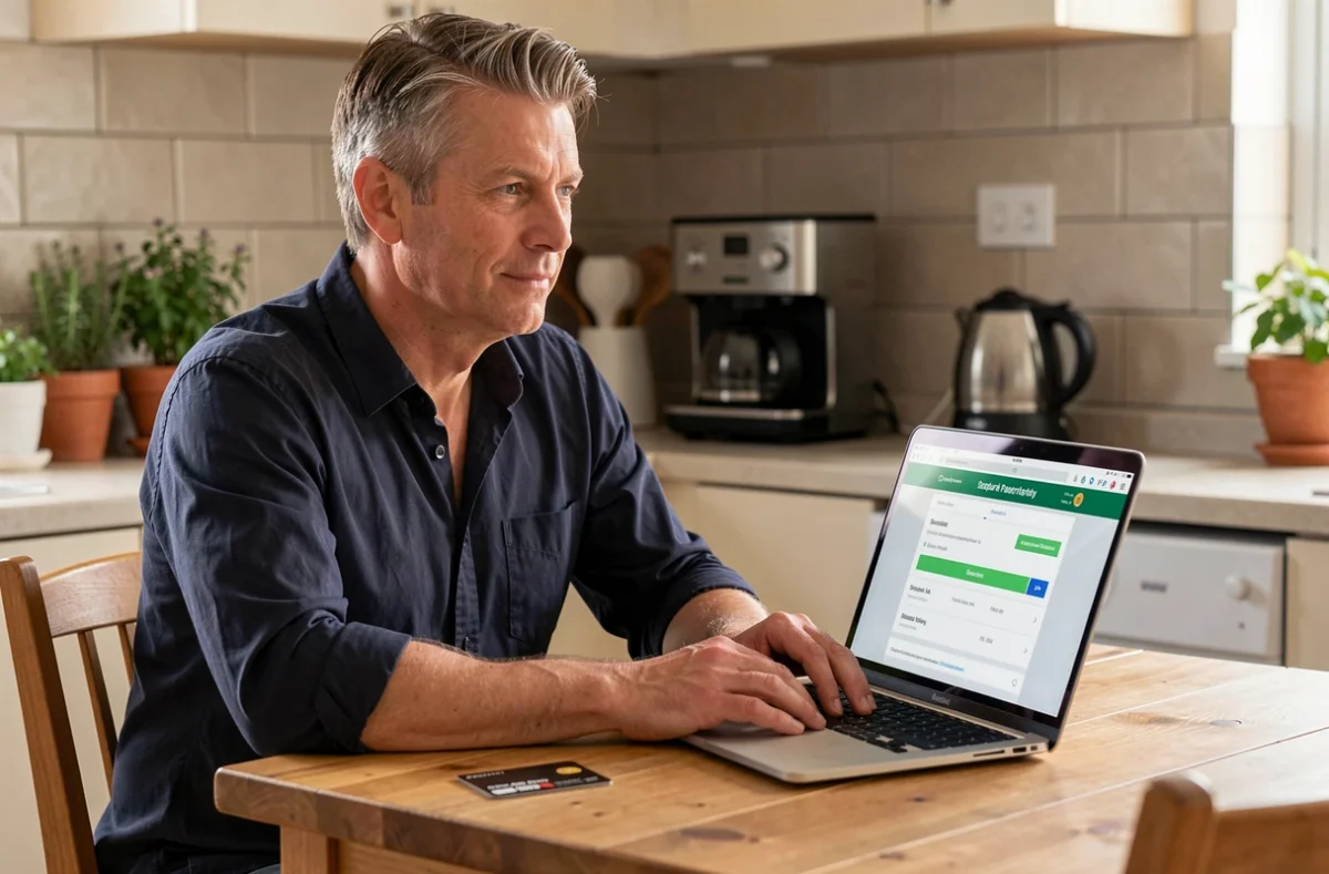 Homme effectuant un paiement en ligne avec une carte bancaire sur ordinateur portable à domicile