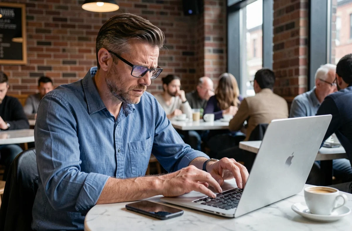 Homme inquiet tentant de récupérer l'accès à son compte protégé par double authentification dans un café