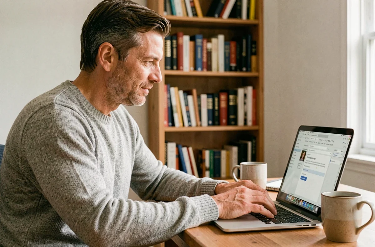 Homme rédigeant une newsletter par e-mailing sur un ordinateur portable depuis son bureau à domicile