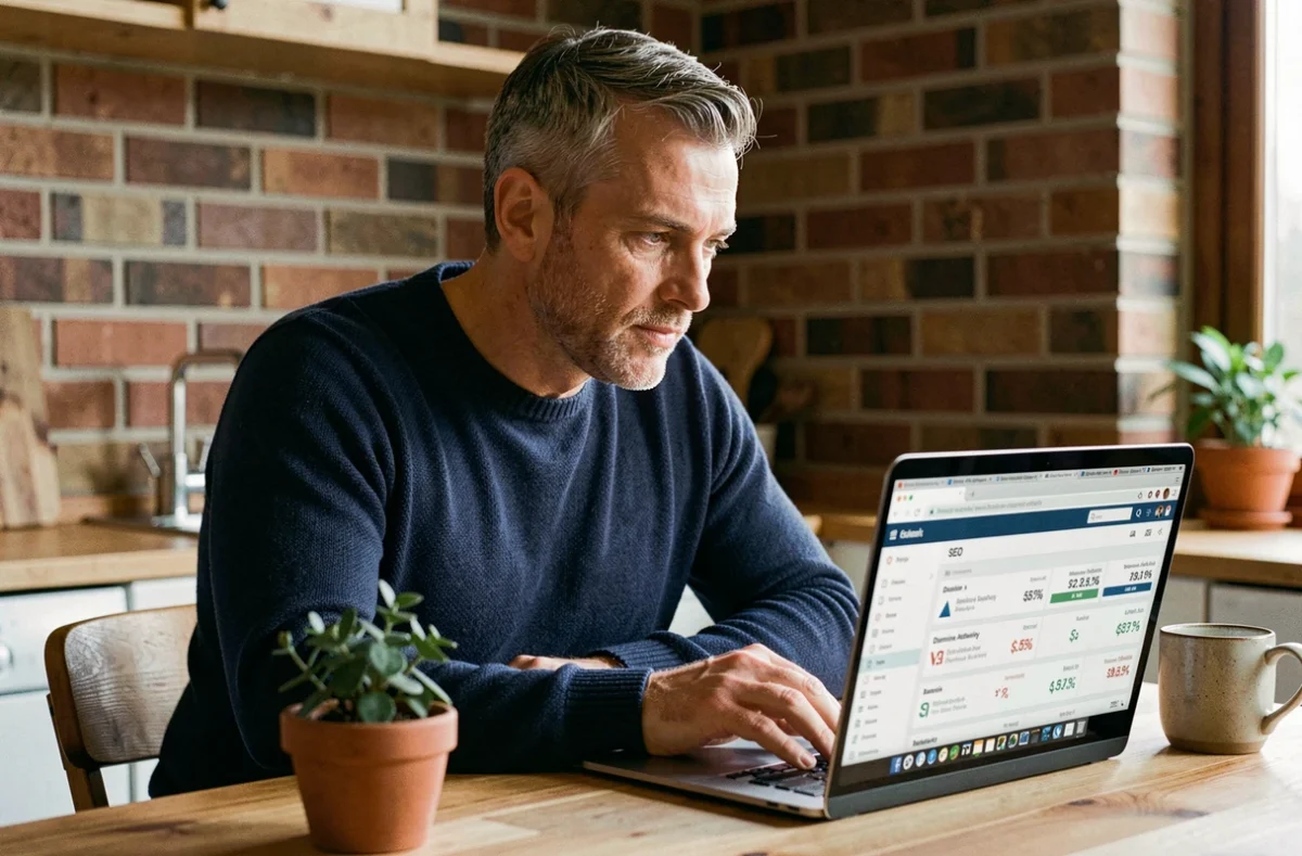 Homme travaillant sur des indicateurs SEO de backlinks depuis un bureau à domicile avec un laptop ouvert