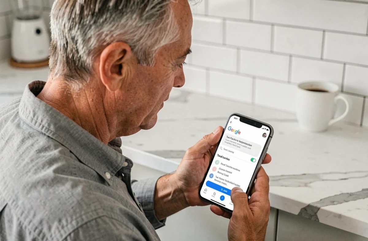 Homme tenant un smartphone affichant les codes de sauvegarde Google dans une cuisine moderne