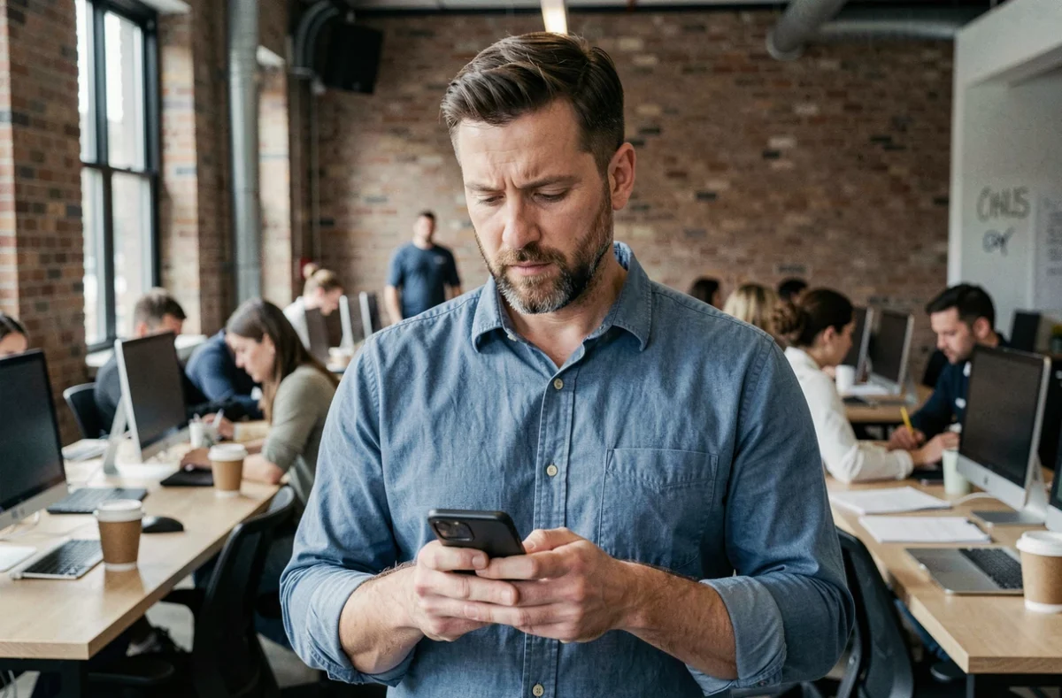 Homme consultant son smartphone dans un espace de coworking urbain connecté à Internet