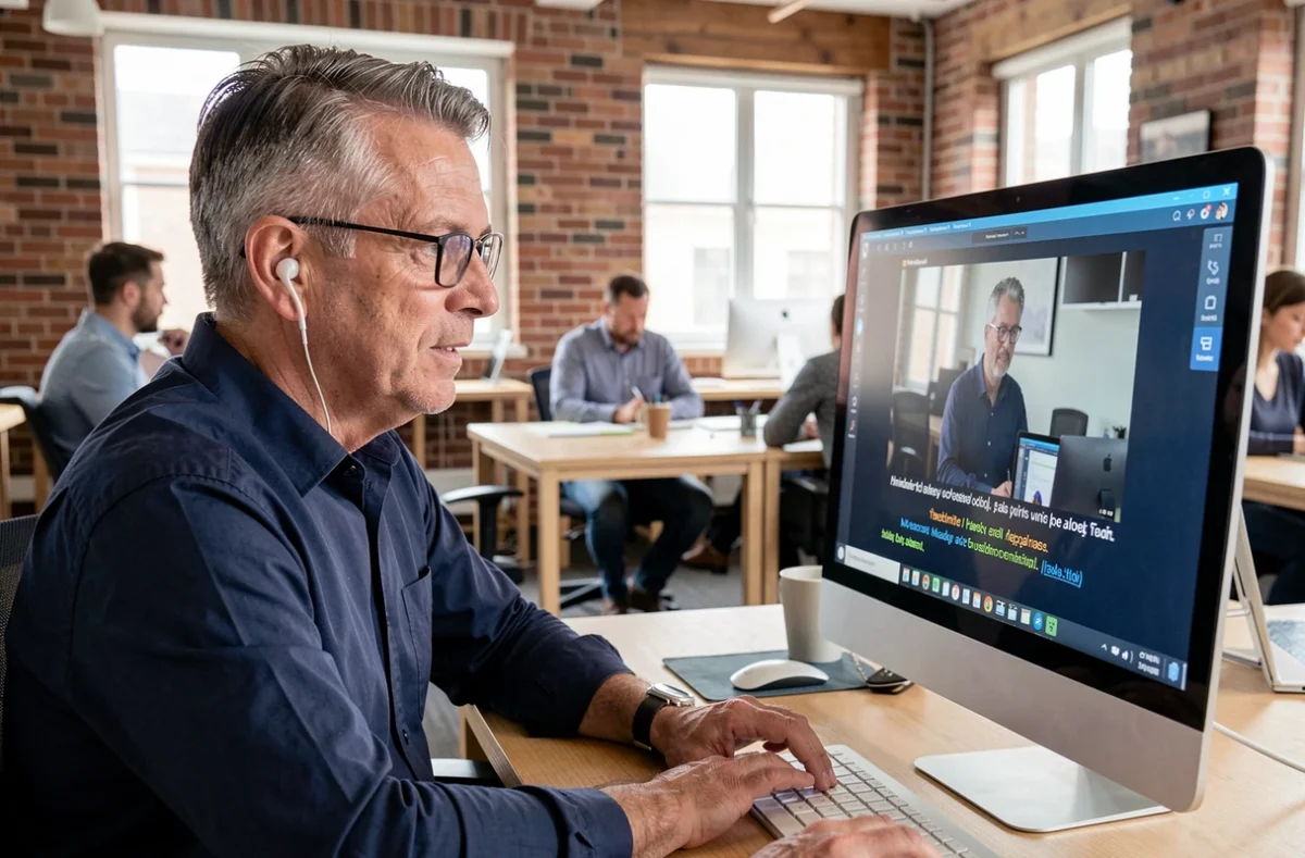 Homme malentendant regardant une vidéo avec sous-titres codés sur un écran d'ordinateur dans un espace de coworking inclusif
