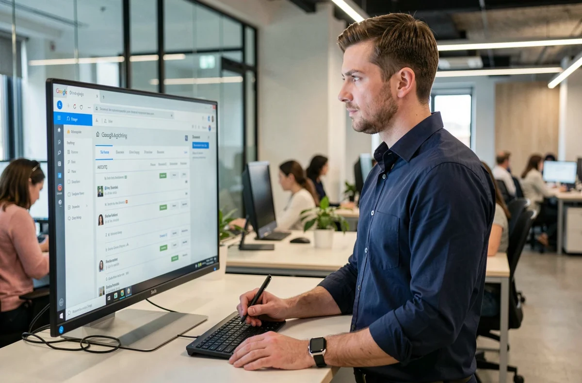 Homme vérifiant les accès et consultations de son Google Drive dans un bureau en open space