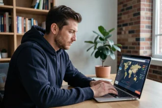 Homme utilisant un VPN sur son ordinateur portable dans un bureau à domicile moderne