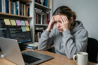 Développeuse frustrée devant son ordinateur portable avec du code complexe à l'écran, illustrant les inconvénients mentaux de la programmation