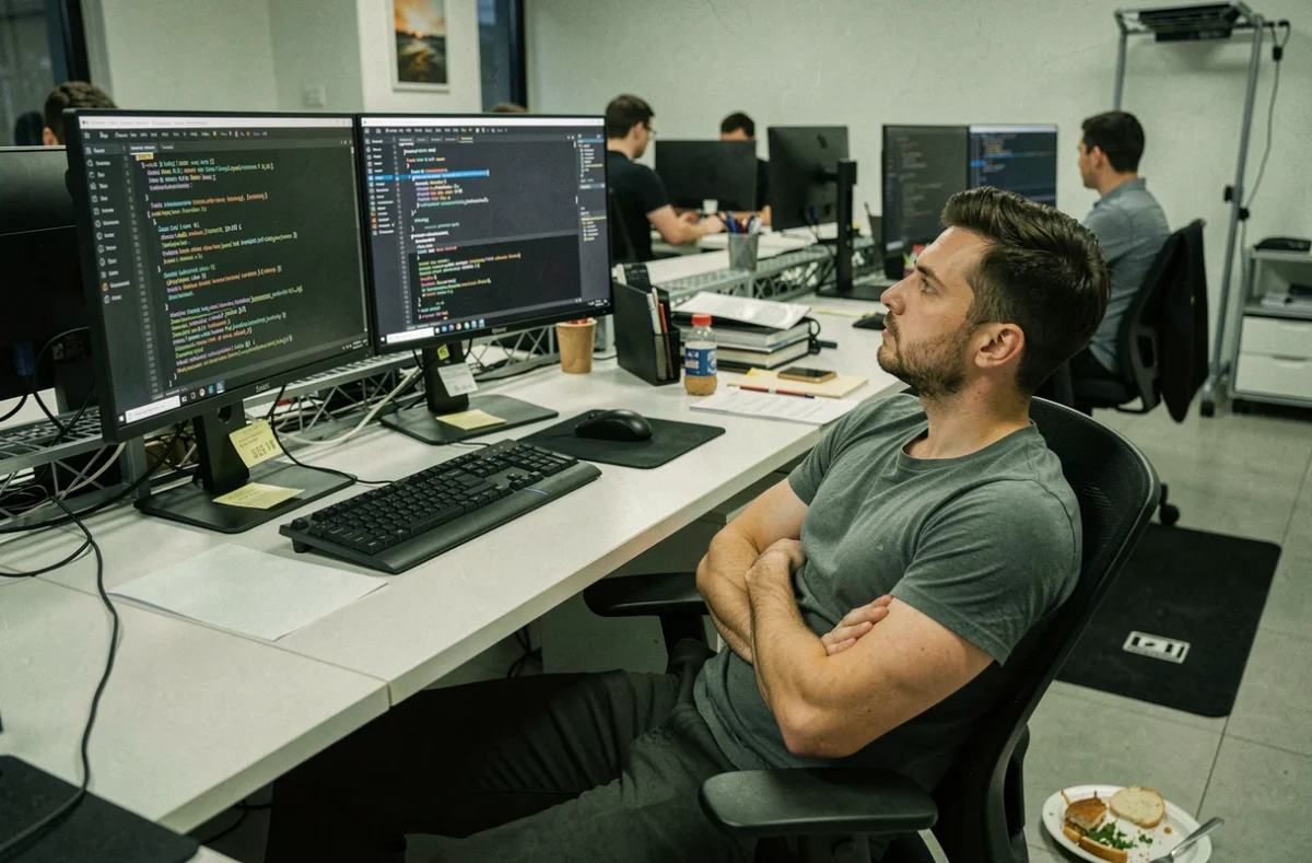Développeur informatique sédentaire dans un open space fixant des écrans avec des messages d'erreur, représentant les contraintes physiques et professionnelles de la programmation