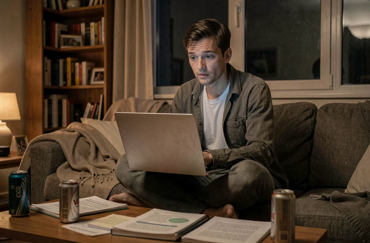 Programmeur épuisé travaillant tard la nuit sur son canapé entouré de documentation et de canettes, illustrant le déséquilibre vie professionnelle et personnelle lié à la programmation